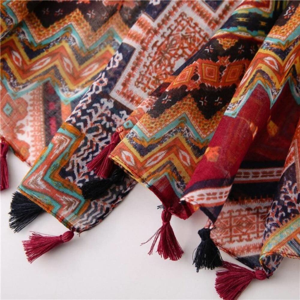 2/$30 NEW Boho Tassel Scarf Fall Red Orange Printed - Picture 6 of 11